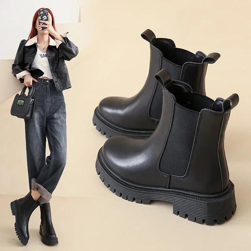 Boots Women Chelsea Black Mid Ankle Flat Platform Lady Shoes Female All Match Classic Concise Fashion Round Toe Shoes