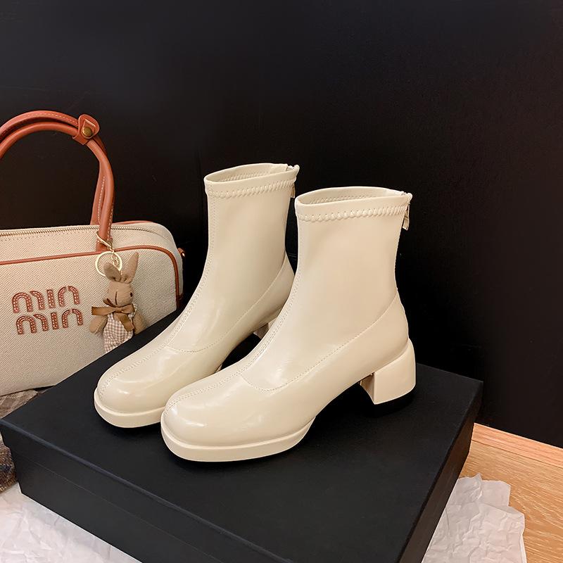 Waterproof Table High-heeled Short Boots Women's Autumn and Winter Thin Boots Thick Heel Zipper Elastic Beige Martin Boots