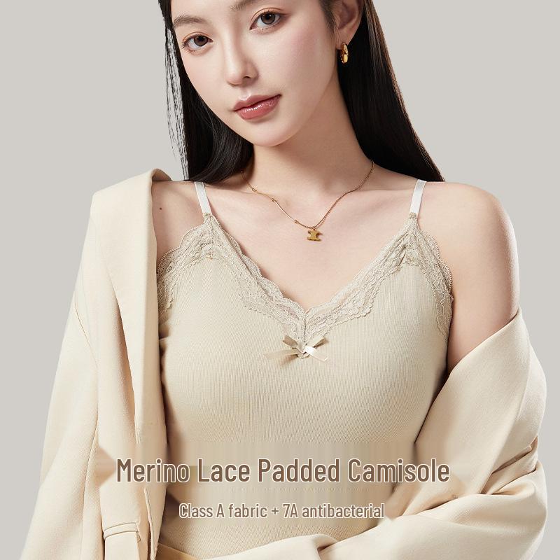 Women's Lace Camisole with Bow & Chest Pads - Warm Velvet-Lined Sleeveless Top for Autumn & Winter
