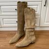 Women's High Boots Pointed Toe Square Heel Suede Roman Style Brown Knee-high Boots Women's Casual Low Heel Versatile Botas Mujer