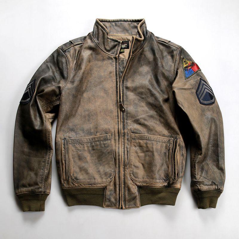 

Вторая мировая война Униформа артиллериста США Куртка из натуральной кожи Мужская Вышитая Стойка воротник Тяжелая Выстиранная Винтажная Потертая Куртка Пальто из коровьей кожи Heavy Wash Vintage Distressed 185/104A