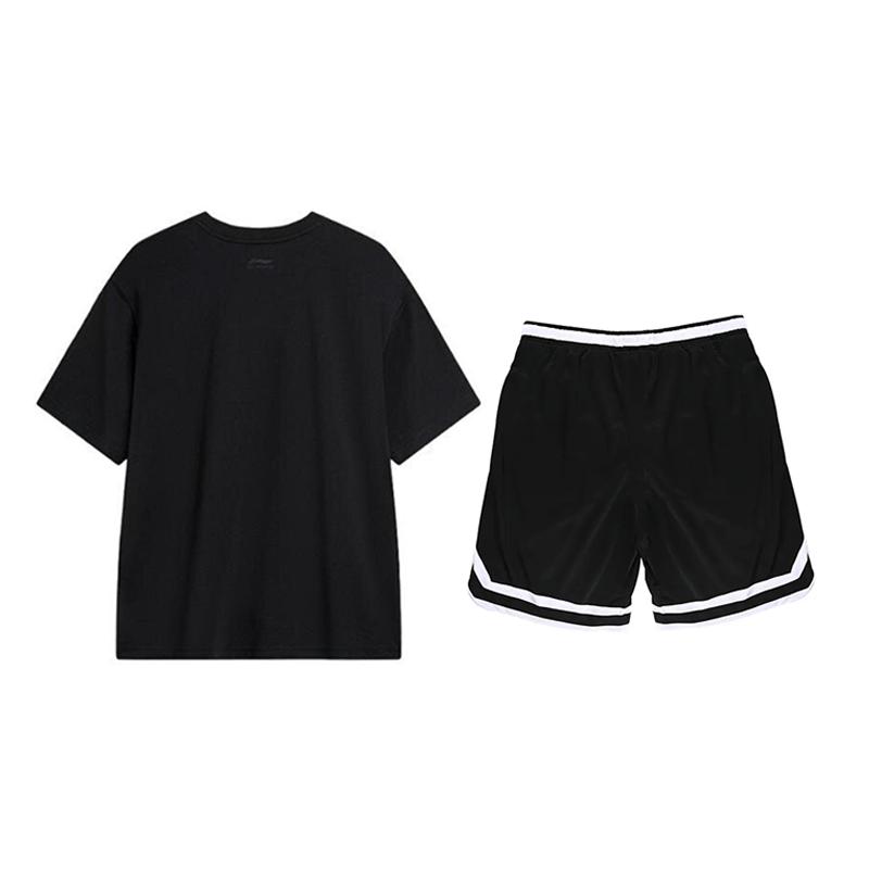 Li Ning Logo Print Round Neck Short Sleeve T-Shirt Versatile Striped Comfortable Shorts Casual Sports Suit Unisex Suit Black YHSV371-1+YAPV001-1