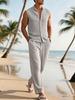 European & American 2025 Stylish Men's Striped Stand Collar Sleeveless Shirt with Long Pants - Trendy Autumn Fashion.