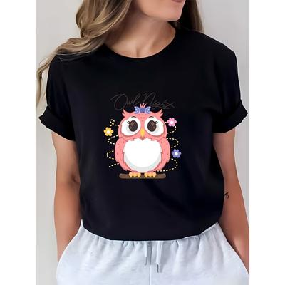 Cute Owl Night Graphic 180G T-Shirt for Women - Perfect Gift for Family and Friends During Company Events, Embroidered Owl Design, Festive Must