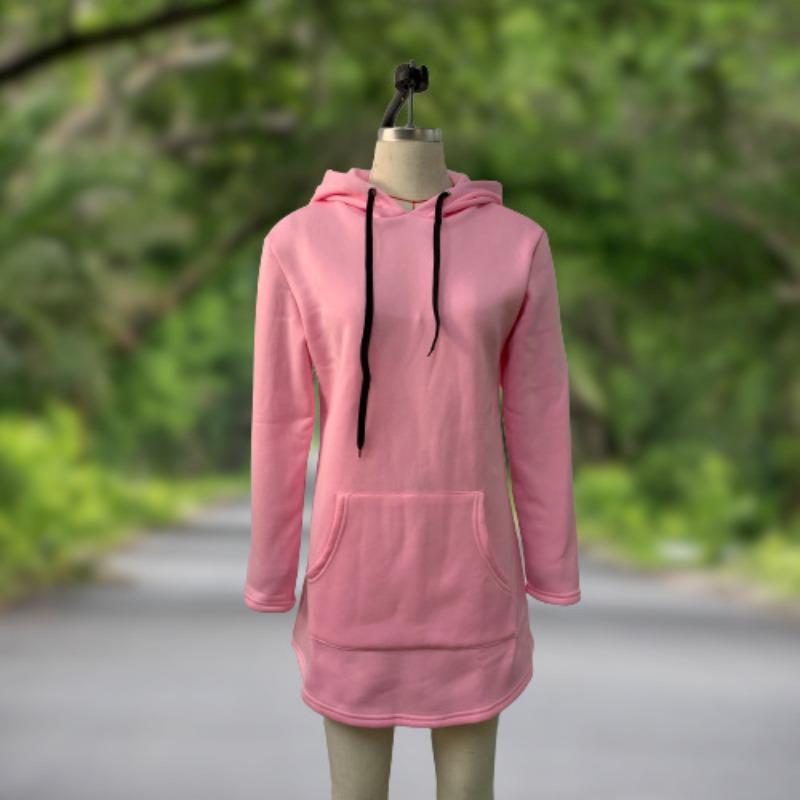 

Осенне-зимняя женская толстовка с подкладкой, длинная однотонная толстовка с капюшоном, толстовка на шнурке, платье, модная теплая рубашка S розовый