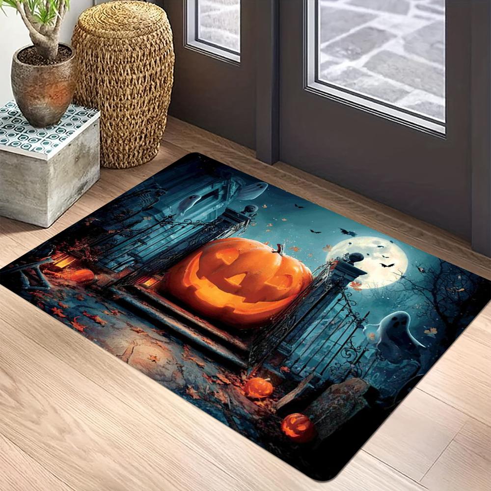 Helovino rašto durų kilimėlis Ryškūs moliūgų ir mėnesienos dizainai su šikšnosparniais ir bauginančiais medžiais Neslystantis grindų kilimėlis namų dekoravimui