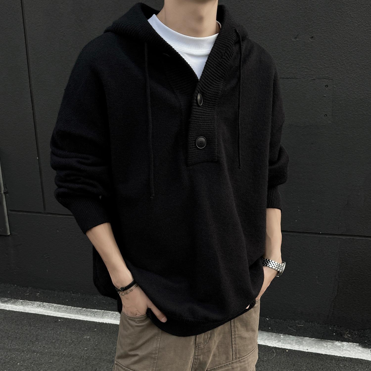 

Men s Retro Gray Hooded Knit Sweater - Loose, Casual, Versatile Style for Autumn/Winter 3X Large чорний