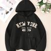 Felpa con cappuccio e zip con stampa di lettere da donna, casual, comoda, larga, alla moda, streetwear, girocollo, manica lunga, felpa con cappuccio con zip in pile