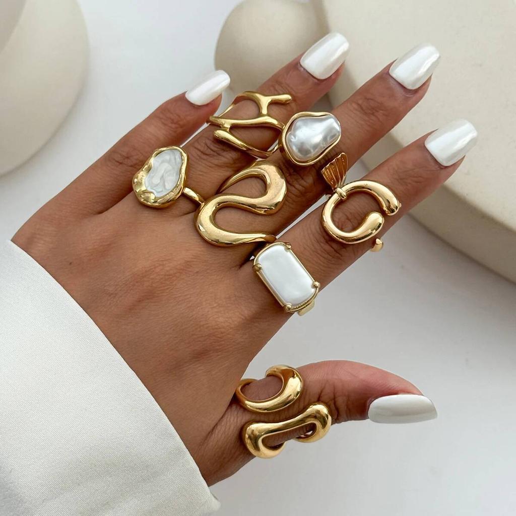 Salircon 7Pcs/set Punk Geometric Irregular Metal Open Rings for Women Trendy Exquisite Imitation Pearl Knuckle Ring Jewelry Gift