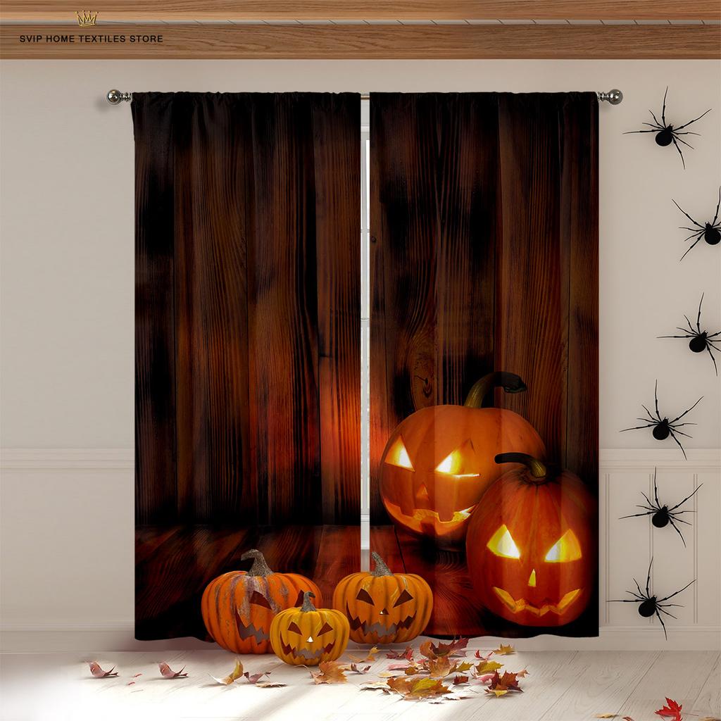 Halloween Horror Pumpkin Cartoon Print Curtains, Blackout, Heat Insulation, Restaurant, Bedroom, Party Decoration