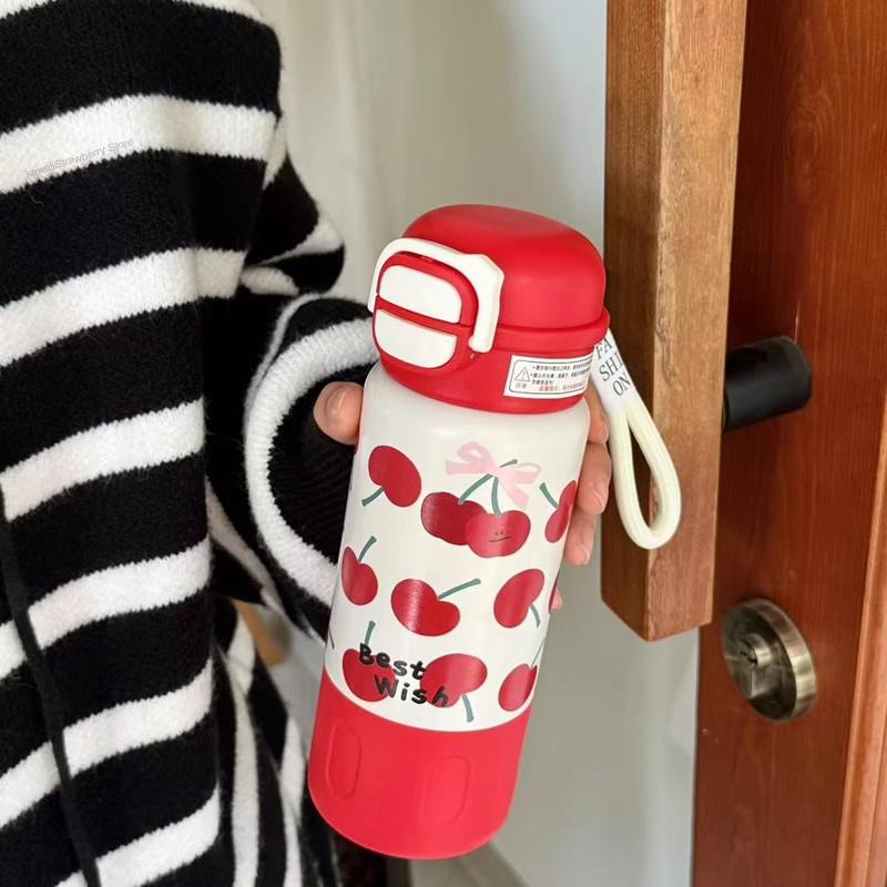 Cute Cherry Puppy Water Bottle 500ml Kawaii Stainless Steel Thermal Bottle Thermos Cups With Straw Coffee Tea Tumbler Girl Gift