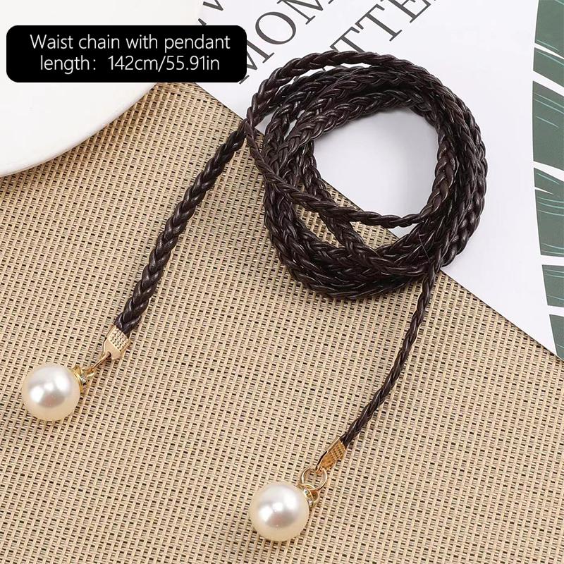 Retro Pu Braided Pearl Belt Waist Chain Versatile Women Leather Rope Waistband Waist Rope Jeans Dresses Clothing Accessories