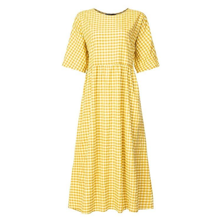 Women V Neck Short Sleeve Gingham Print Maxi Dress Casual Loose Fit A Line Dress