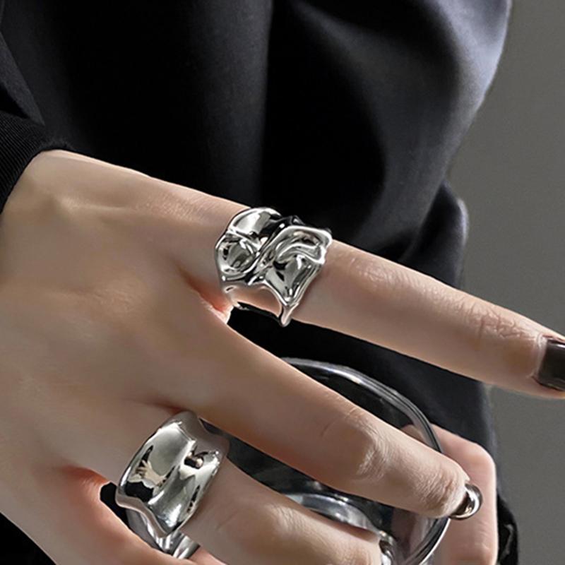 Vintage Silver Color Irregular Handmade Opening Ring for Women Fashion Geometric Wide Punk Metal Rings Jewelry Gifts New