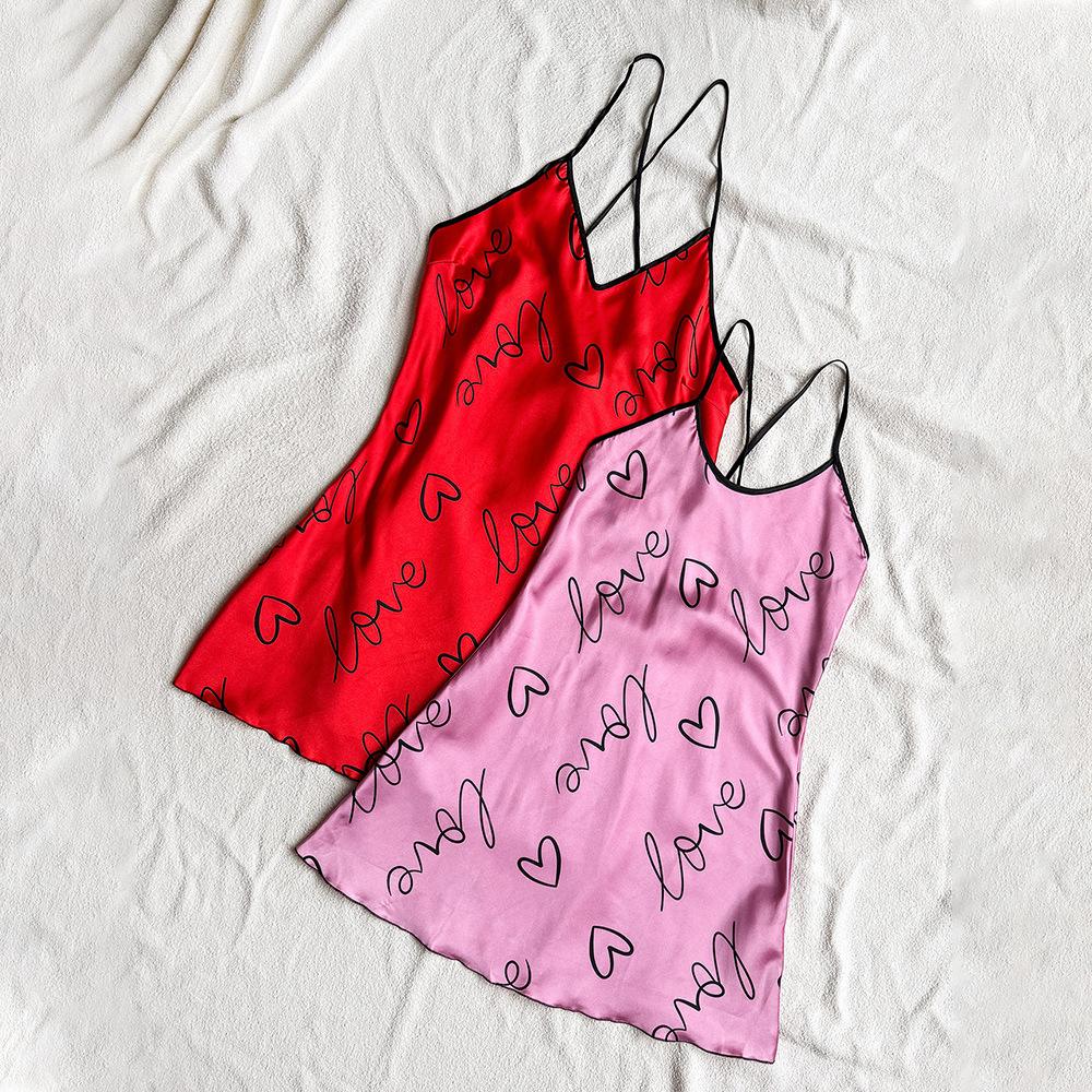 2 Stylish and Breathable Silk Print Slip Nightdress Sexy Halter Pajamas