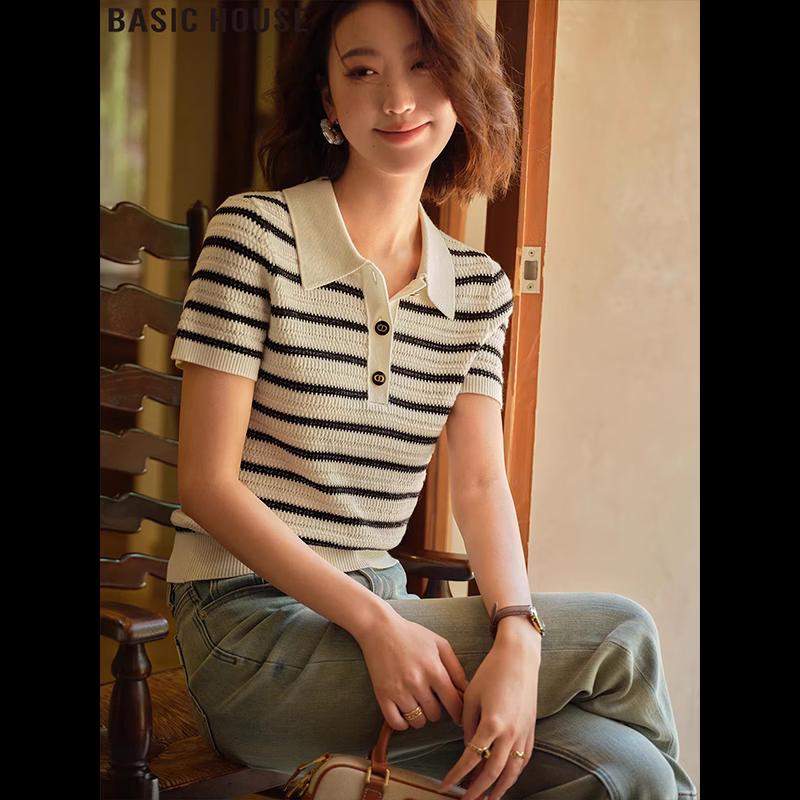 Basic House Women s Striped Polo Collar Short Sleeve T-Shirt S