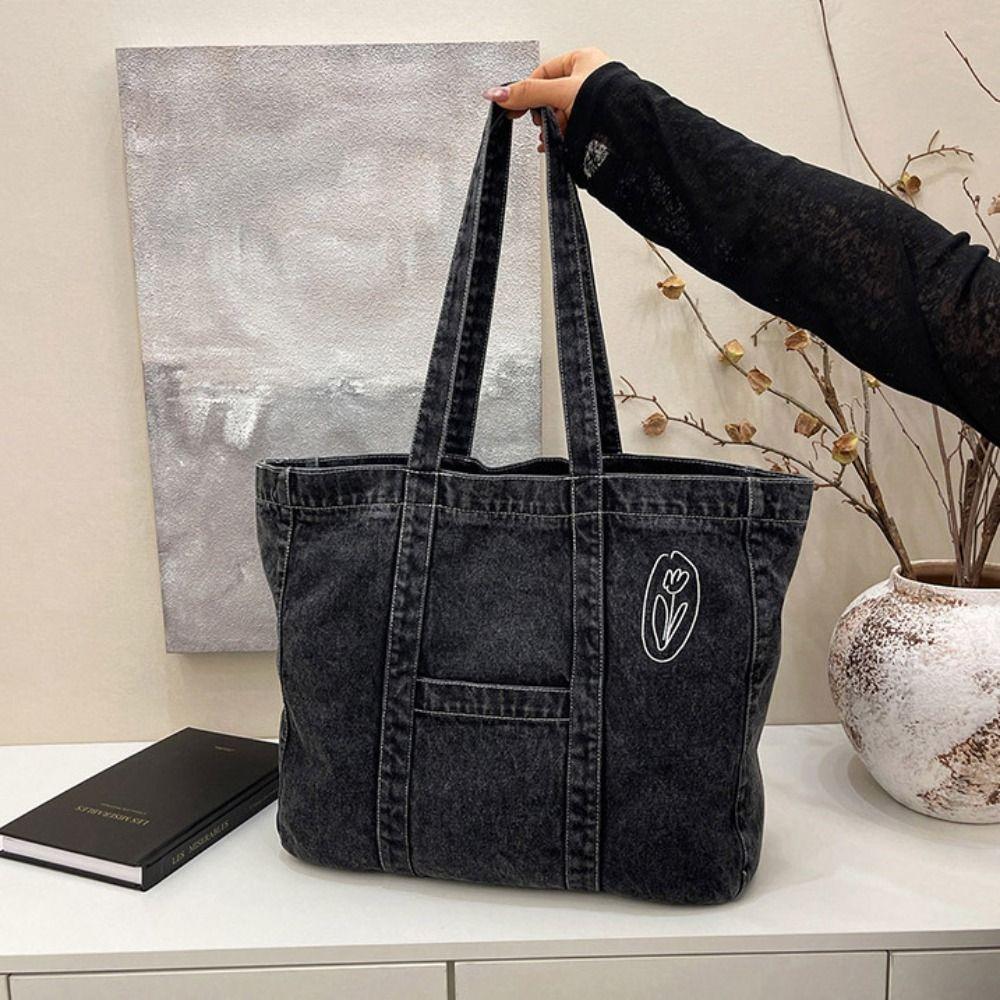 Tote Bag Large Capacity Handbag Solid Color Underarm Packs Sweet Denim Tote Bag Girls