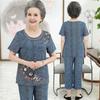 Large Size Women 2 Piece Set Loose Print Short-sleeved T-shirt Tops + Pants Suits Middle-aged Mother Summer