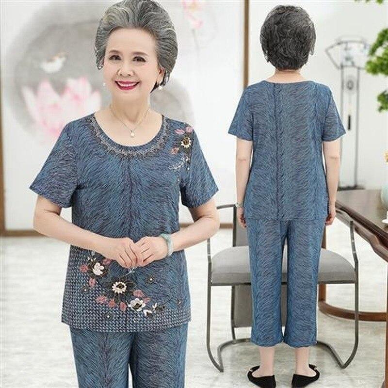 Large Size Women 2 Piece Set Loose Print Short-sleeved T-shirt Tops + Pants Suits Middle-aged Mother Summer