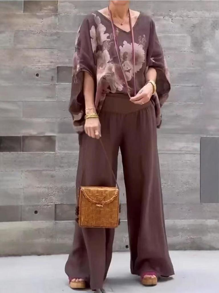 2026 Women's V-Neck Cotton Linen Print Top & Long Pants Casual Set