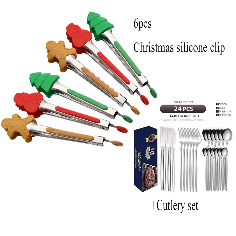 Christmas Food Tongs 6 Pcs Grip Serving Gingerbread Man Tree Nonstick Tip Reusable Bacon Silicone Tongs Meat Server