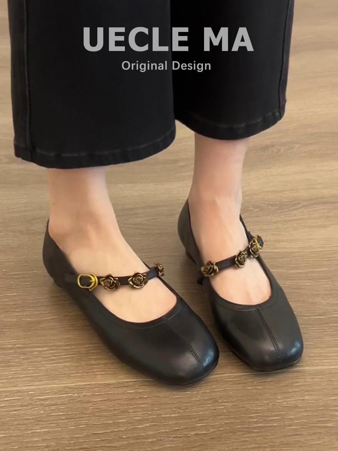 

Sheepskin version~ retro French single shoes women s flat-soled black work shoes shallow mouth soft sole evening Mary Jane shoes 35