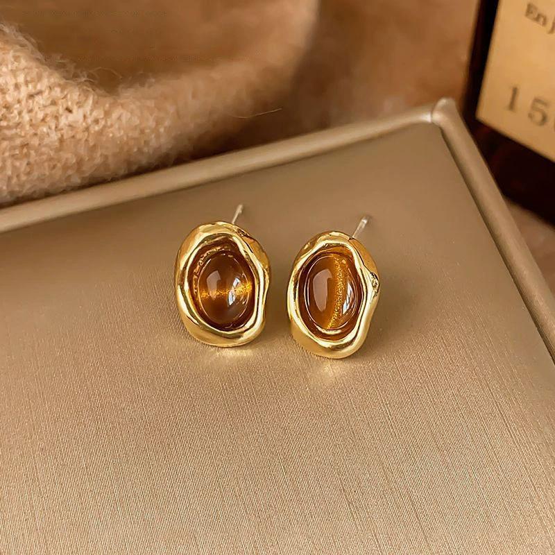 Brown Oval Resin Bead Stud Earrings for Women Golden Metal Square Frame Earrings Vintage Trendy Jewelry Gift
