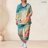 Women Plus Size Nurse Scrub Set V Neck Long Sleeve Printed Pink Purple Pockets Two Piece Outfit