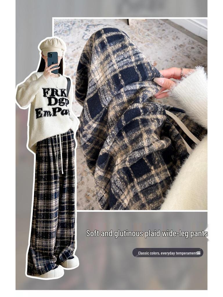 Women's Plaid Velvet-Lined Wide-Leg Pants - Autumn/Winter 2025 Retro Style