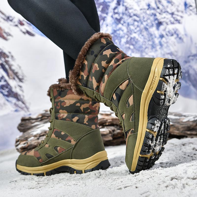 Men's High-Top Camouflage Fleece-Lined Snow Boots - Army Green, Plus Size, Thick-Soled, Winter Warm Outdoor Footwear