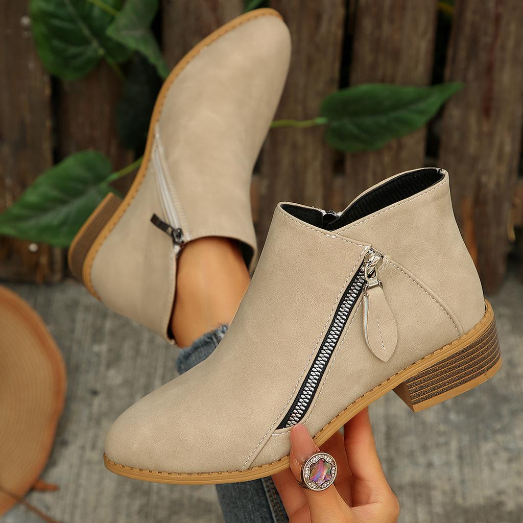 Four seasons shoes British style solid color casual zipper low heel thick heel short boots