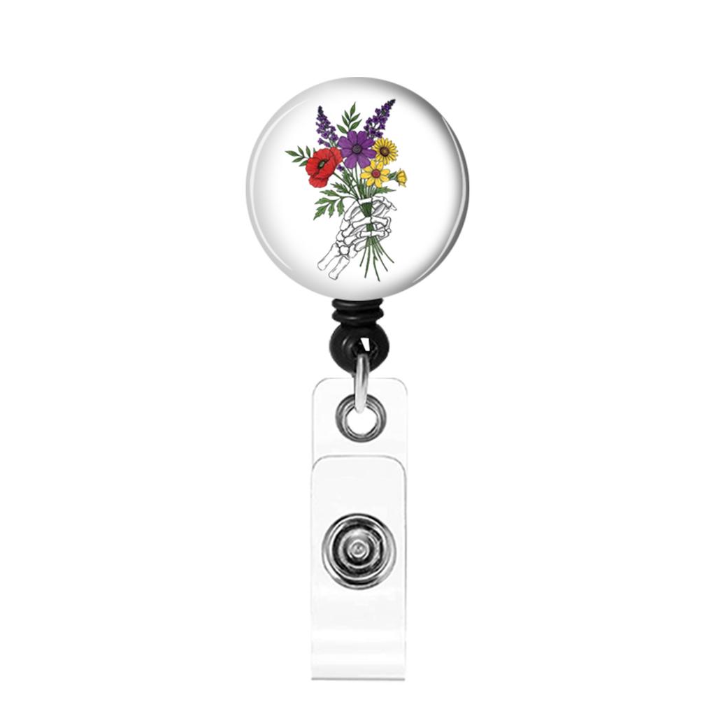 Skull Flower Id Tag Badge Holder With Retractable Badge Reel Cards Storage Organizer For Nurses Employee Pass Work Card Holder