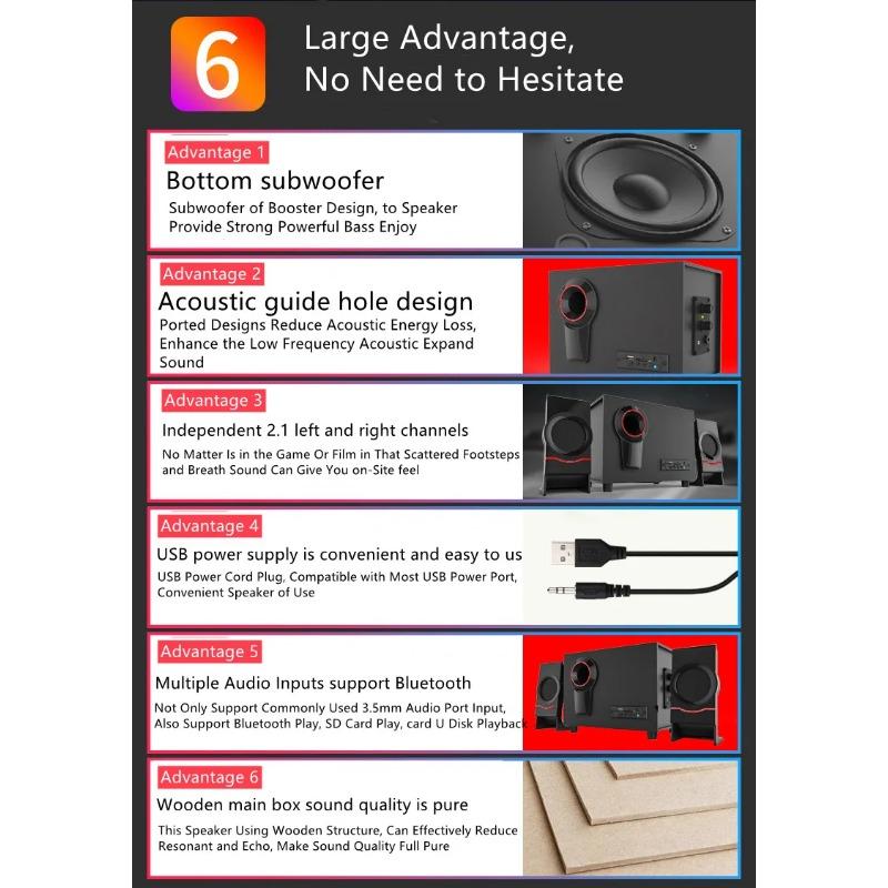 2.1 Multimedia Bluetooth Audio System Home Theater Surround Computer Active Combination Wooden Speaker AUX USB Cable Post TV PC