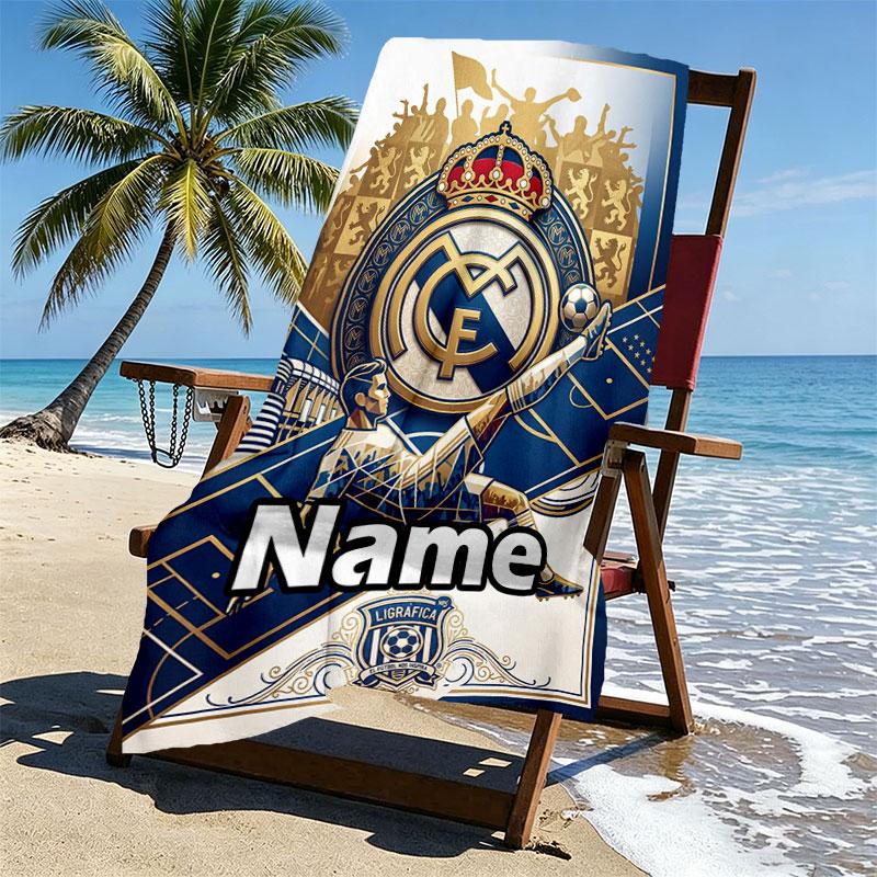 Custom Name Personalized Real Madrid Football Print Beach Towel, for Trip Camping Beach Party Home Decor, Birthday Gift for Family & Friends