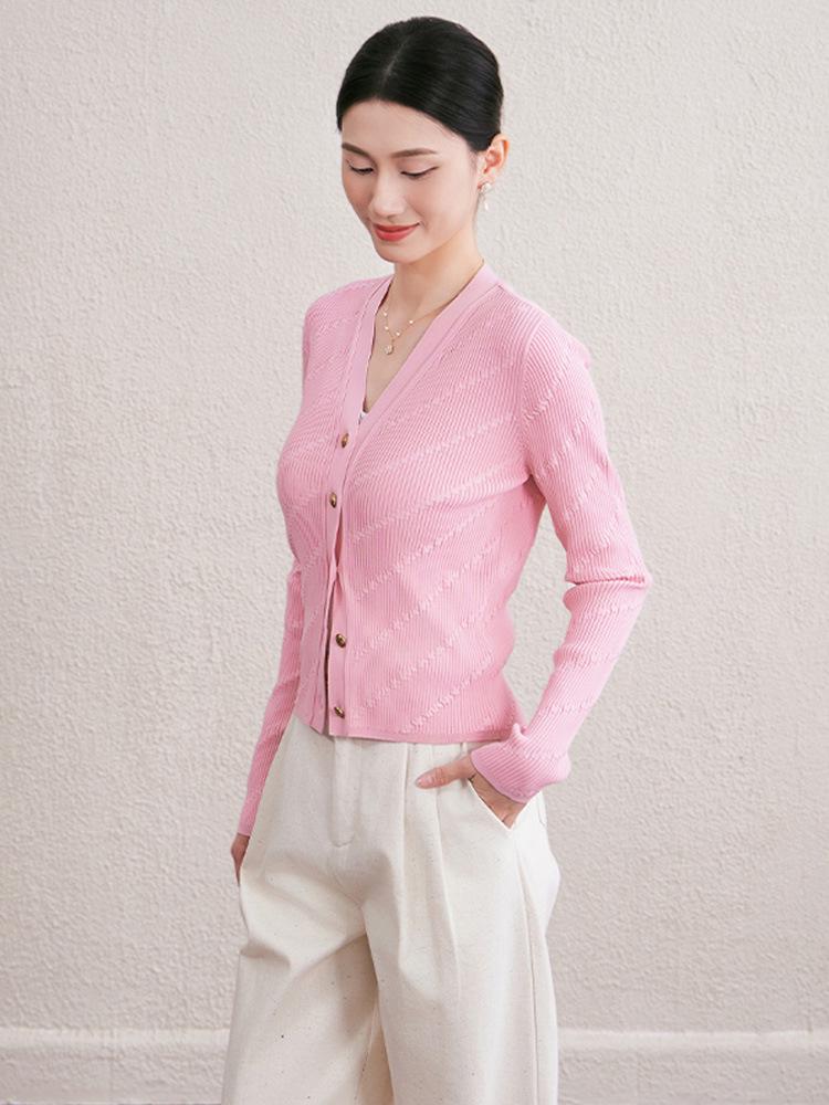 2025 Autumn/Winter V-neck Long Sleeve Single-Breasted Diagonal Stripe Knit Cardigan Outerwear