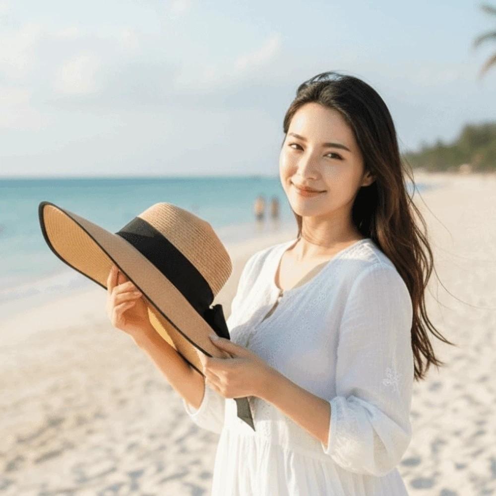 Lightweight Big Brimmed Straw Hat with Lace Ribbon Woven Sun Cap Vacation Beach Cap  Daily