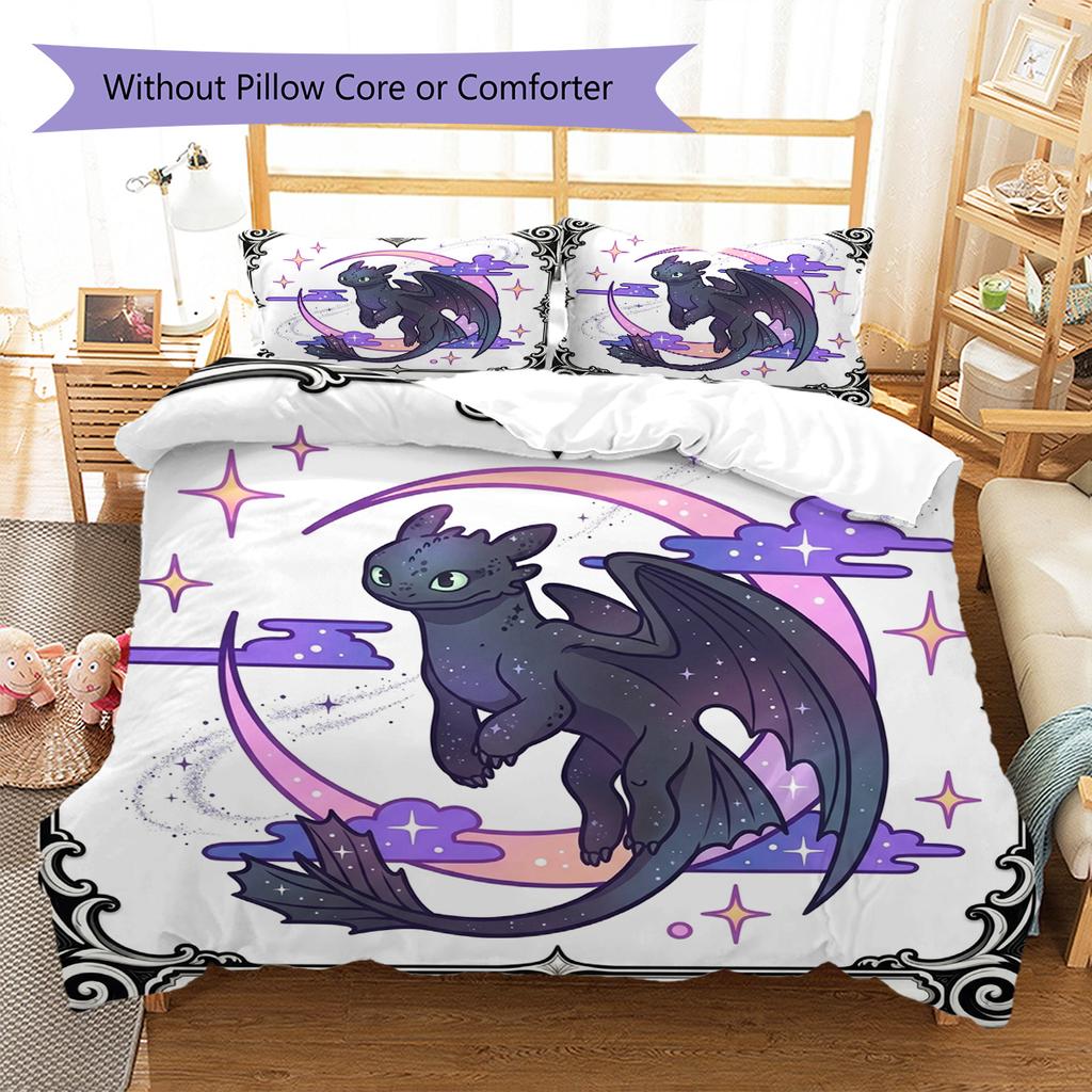 Toothless Night Fury Pattern Bedding Quilt Set Quilt Cover Pillowcase Home Decoration Birthday Gift (1 * Duvet Cover + 2 * Pillowcase, Without Core)