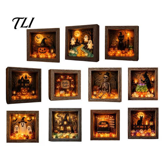Tabletop Home Accent DIY Lighted Halloween Ghost Shadow Box Kit, Wooden Frame LED Warm Light, Gothic Crystal Glass Display Case Memory with