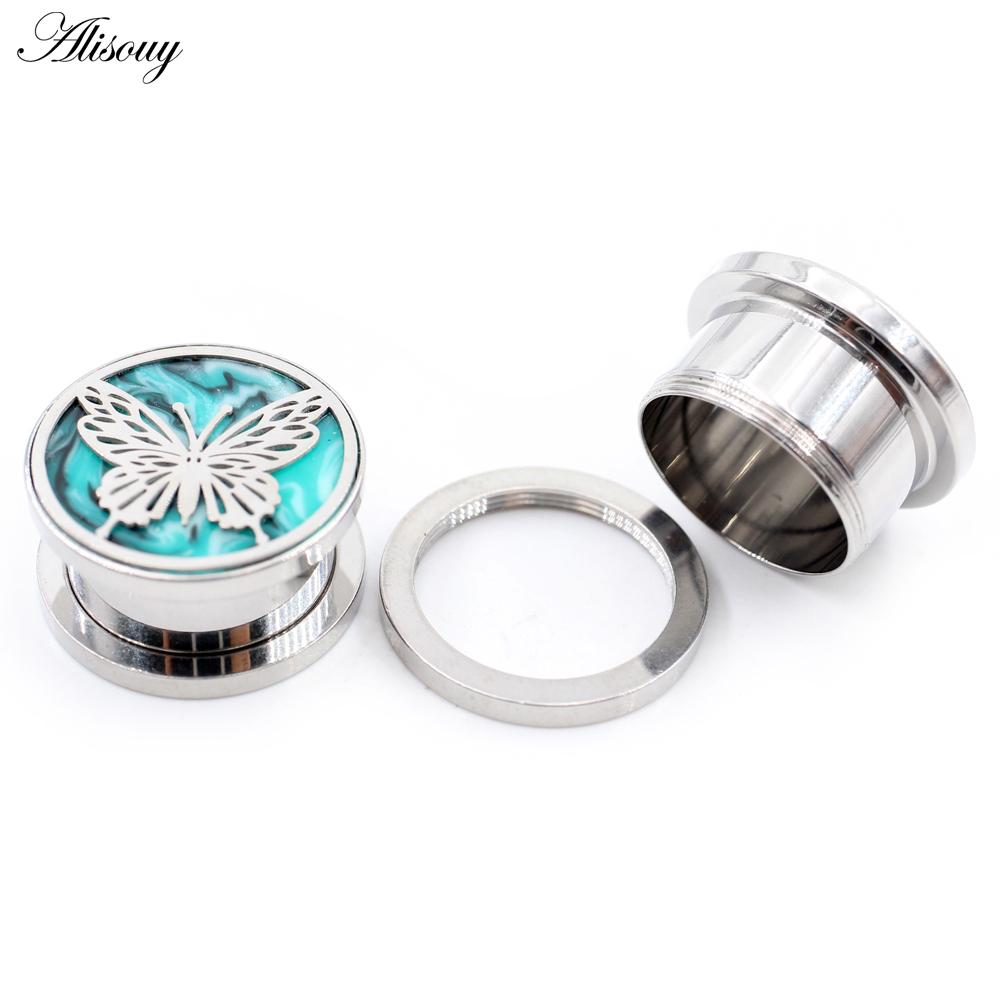 Alisouy 2 SZT. Stal Nierdzewna Motyl Zielony Kamień Tunele do Uszu Plugi Ekspander Rozpychacz Kolczyki Piercing Biżuteria do Ciała