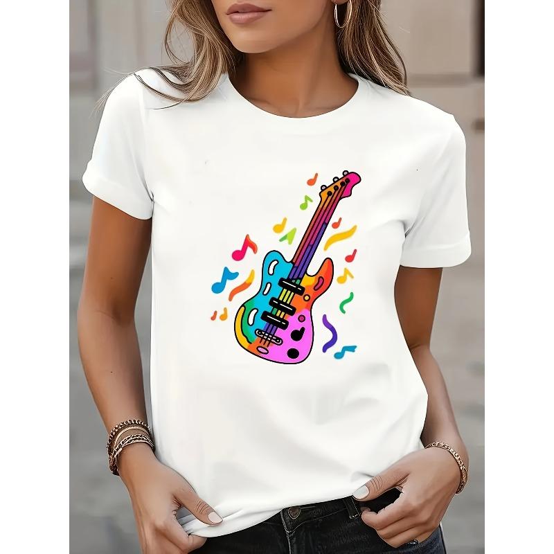 Women's Vibrant American Guitar Print Tee Musical Notes Casual Short Sleeve Crew Neck Top