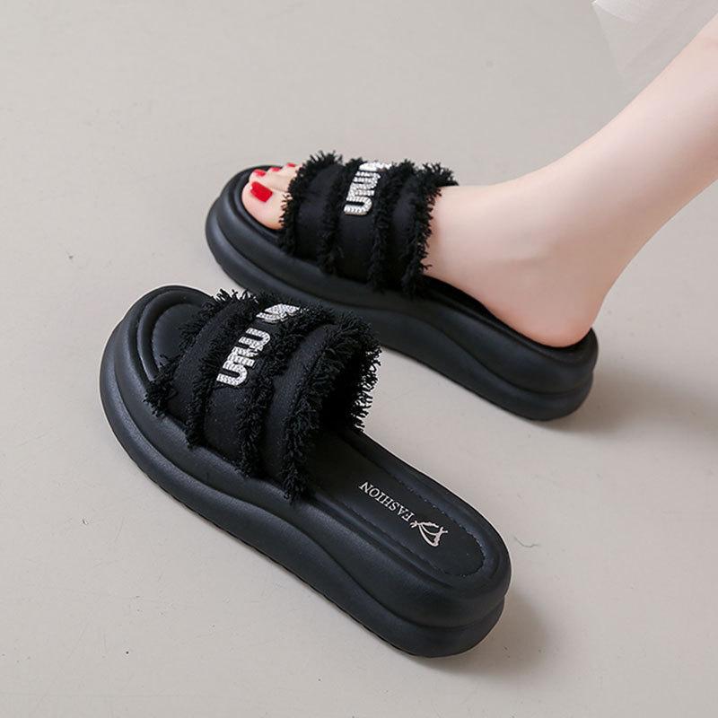 

Fashion rhinestone one-word thick-bottomed beach sandals women wear new slippers in summer 40 чёрный