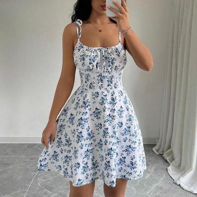 Vestidos casuales de cintura alta con tirantes sin mangas con estampado de flores de primavera y verano a la moda para mujer