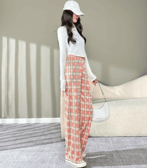 Women's Plaid Wide Leg Pants Mid-rise Straight Drapey Breathable Summer Preppy Long Trousers