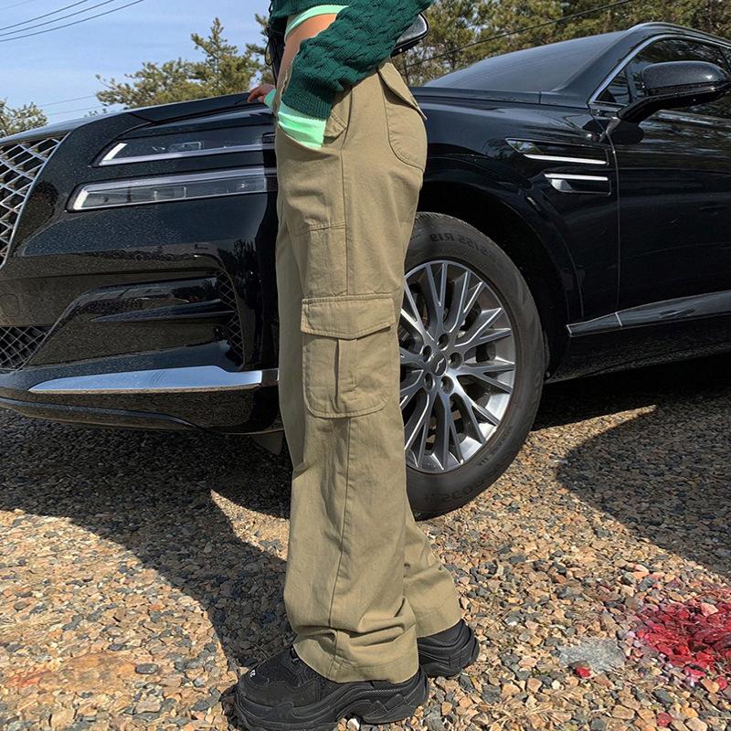 Multi Tasche Neue Einfarbig Cargo Hosen Damen Niedrige Taille Lose High Street 2022 Retro Mode Gerade Denim Hosen Heißer verkauf