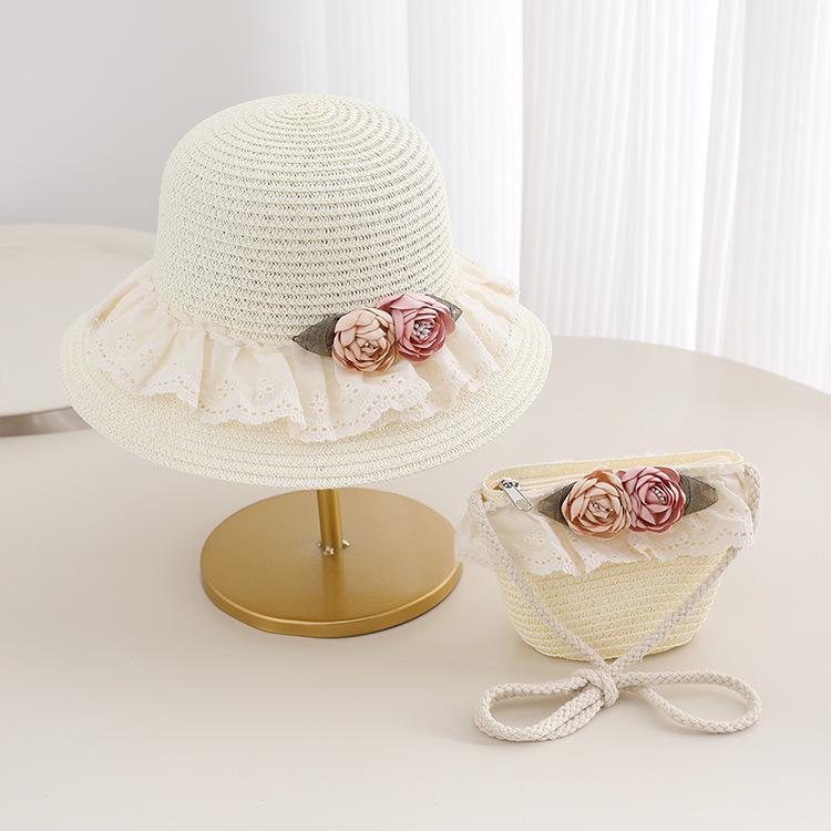 Girls' French Summer Straw Sun Hat - Wide Brim, UV Protection, Breathable Design