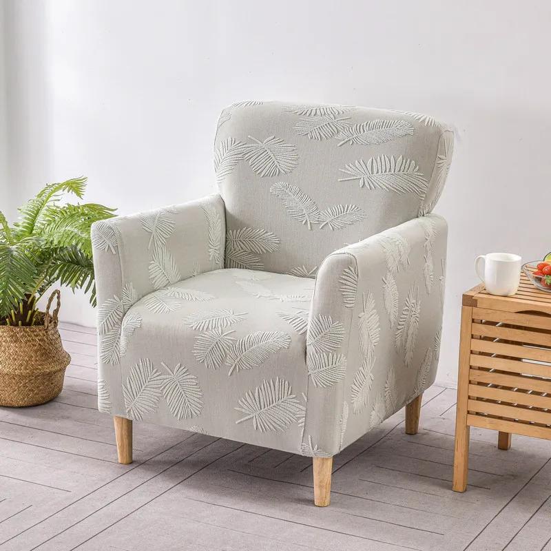 Nordic Leaves Jacquard Club Sofa Cover Living Room Elastic Tub Armchair Cover Stretch Single Sofa Slipcover Bar Counter Hotel