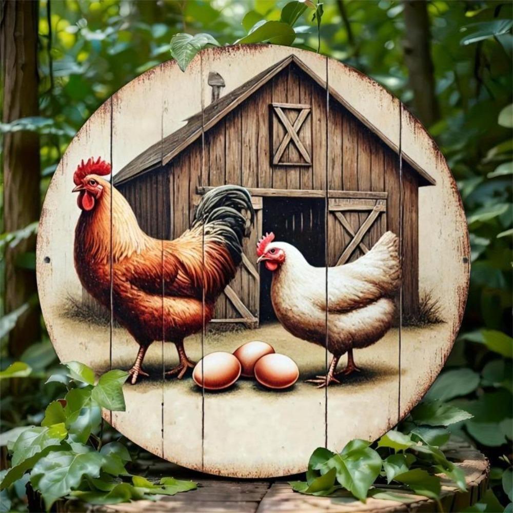 Mfoever Tin Sign Vintage Farm Rooster Hen Egg Metal Tin Sign Retro Rustic Wood Style Barn Round Wall Art Decor Classic Farmhouse Chicken Coop T