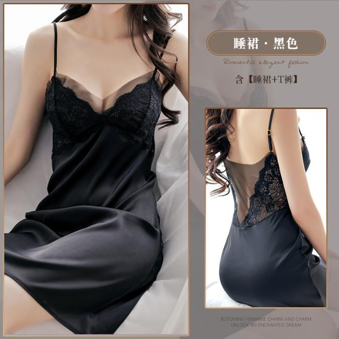 Summer women s suspender nightgown simulation silk sexy lace V-neck silk with chest pad cool ice silk pajamas 160(M) чёрный