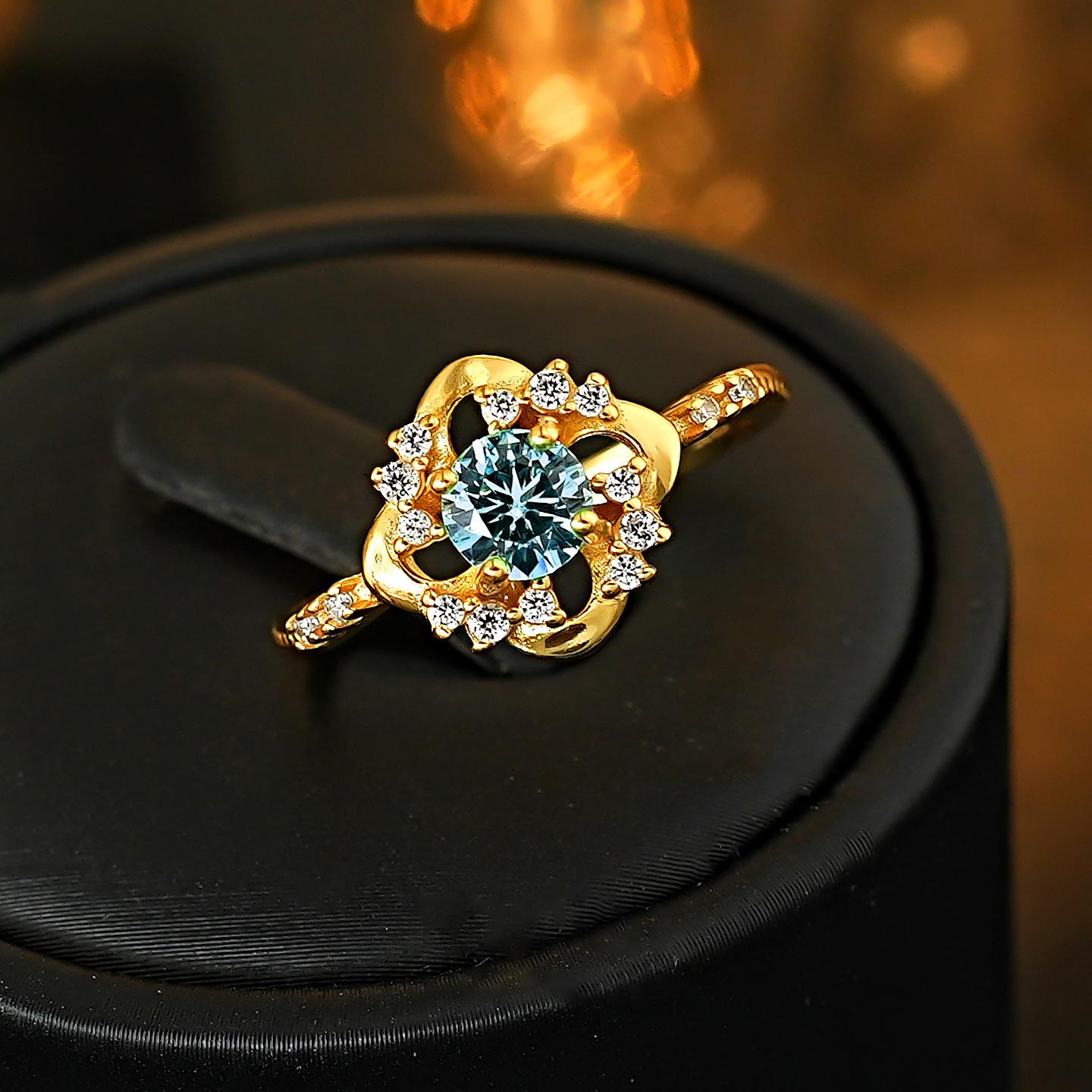2026 Sea Blue Diamond Round Silver-plated Stud Earrings Open Ring Inlaid Temperament Versatile Niche Design Flower Fashion Women Resizable
