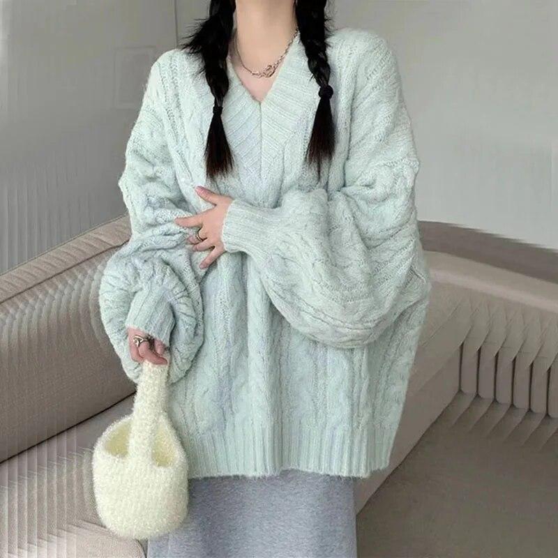 Podzim Zima Dámský svetr Harajuku oversized dlouhý rukáv s výstřihem do V pletený svetr korejský volný jednobarevný preppy svetr na všechny zápasy